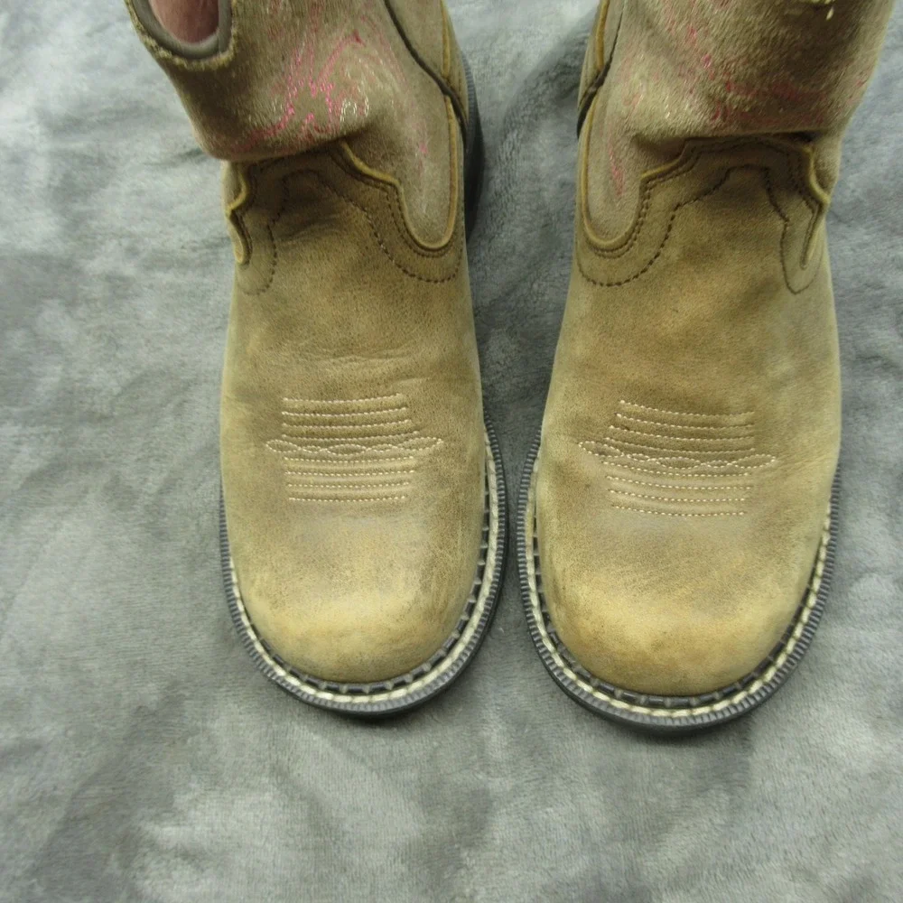 Ariat‎ Girls Boots 6 B Pink Embroidered Tan Leather Square Toe Fatbaby II Cowboy